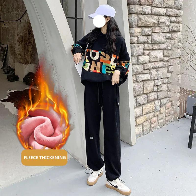 Autumn and Winter Plus Velvet Thick Sports Pants Women's Loose and Thin Wide-leg Straight Pants Gray Leggings Outer Wear Casual Sweatpants