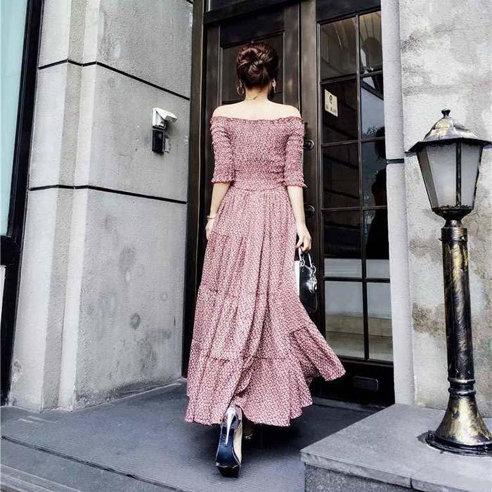 Women Off Shoulder Floral Camisole Dress Short-sleeved Long A-line Vacation Beach Dress