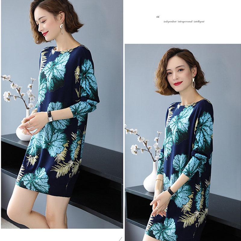 Floral Print  Knit Dress Women Long Sweaters Casual Long Sleeve Loose Pullover Soft Jumper Autumn Winter Knitted Sweaters Dress