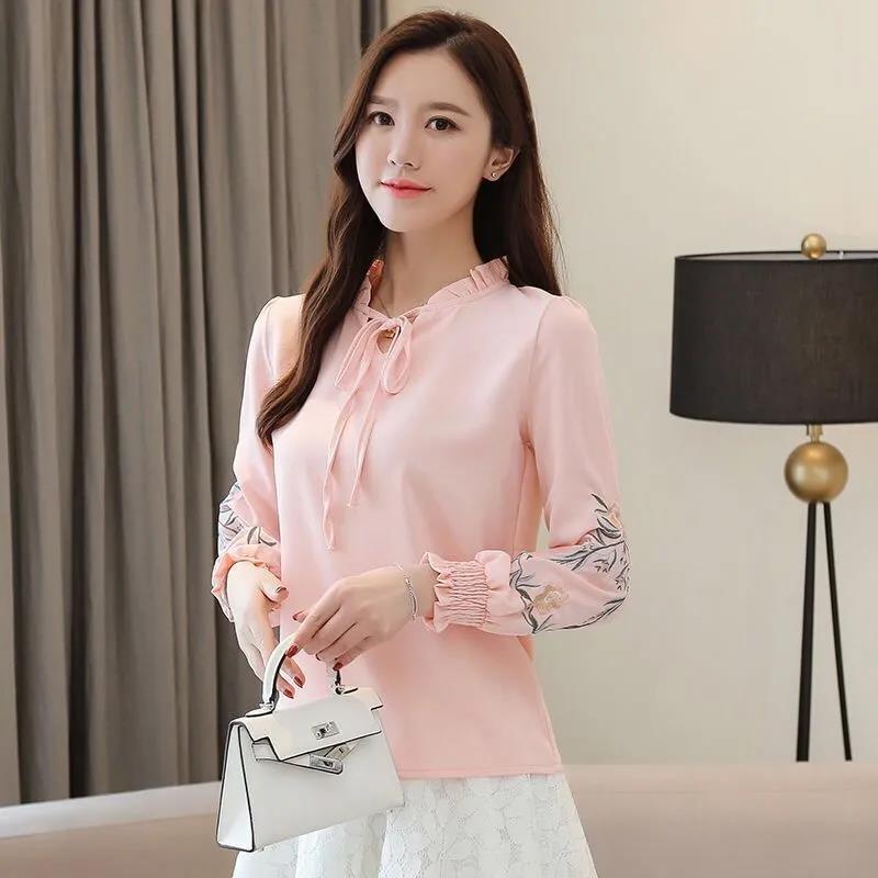 Embroidery Flowers Women Shirts Tops Long Sleeve Casual Chiffon Blouse Stand Collar Plus Size Shirt
