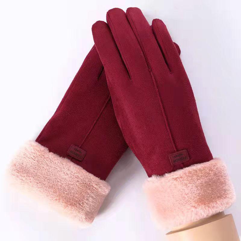 Women's Suede Gloves Winter Double Furry Gloves Warm Snowflake Embroidery Outdoor Fashion Gloves