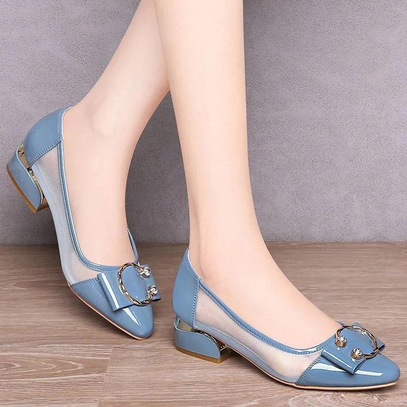 Thick Heel Single Shoes Sandals Women's Real Soft Leather 2021 New All-match Mesh Pointed Toe Middle-heel Mother Shoes Women's Summer Shallow Sandals