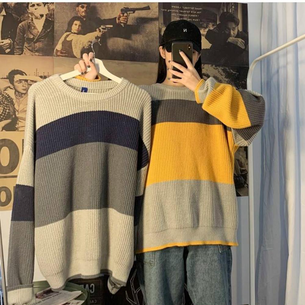 Pofulov Ewild Sweater Winter Coat Round Neck Color Matching Sweater Schoolgirl Loose Loose Lazy
