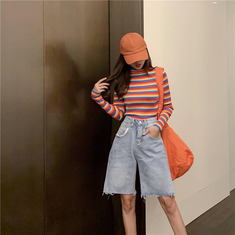 Cute O-neck Colorful Striped Pullover Short Sweater Women Open Navel Slim Waist Knitwear