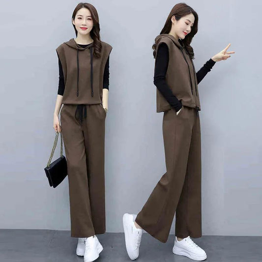 Suit Women's Temperament Is Thin Wide-leg Pants Casual Women's Three-piece Loose Wide-leg Pants + Hooded Sleeveless Waistcoat + Lining
