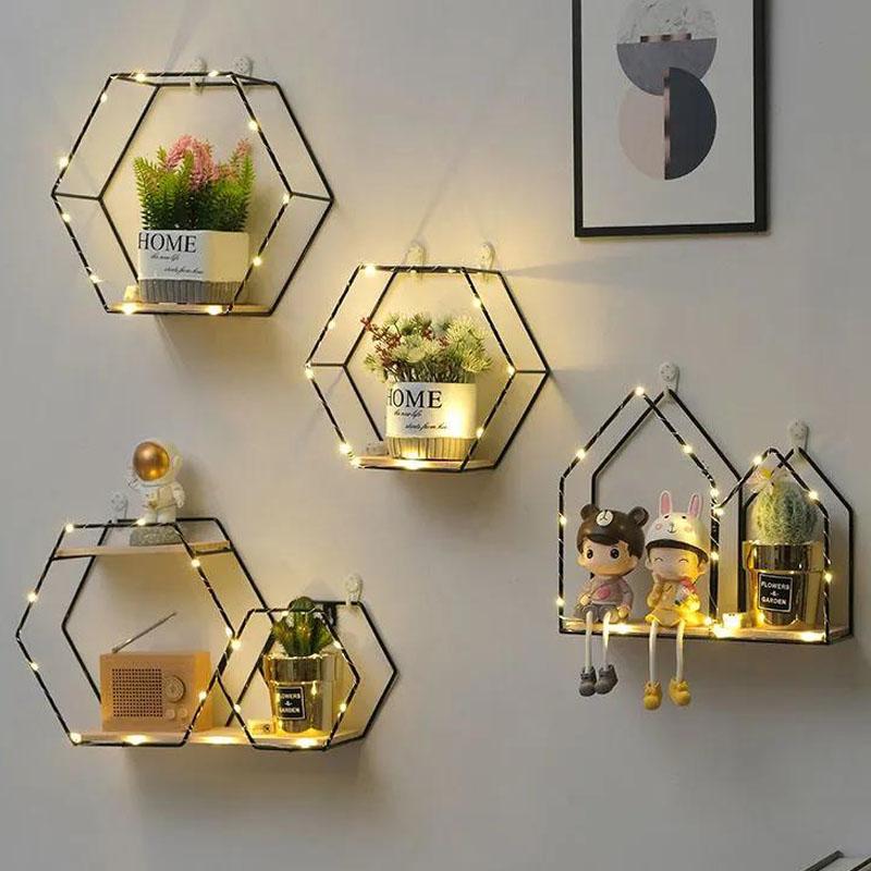 Hexagon Art Storage Shelf Living Room Metal Display Platform Wall Mounted Decorative Rack with Light Strip