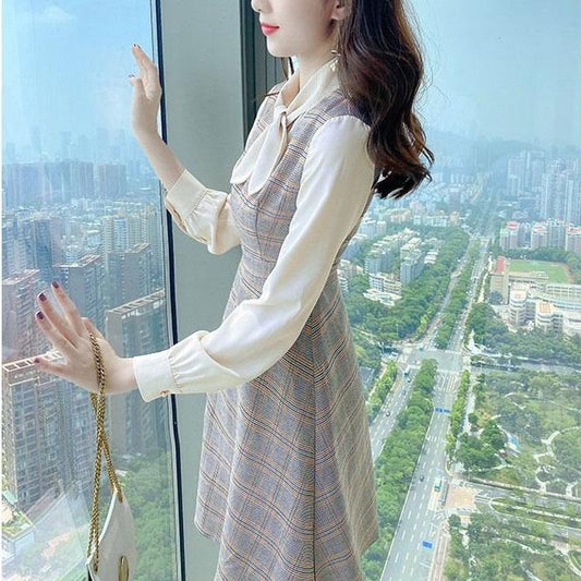 Women's Spring Dress Simple and Elegant Slim Bow Fake Two Plaid Stripe Long Sleeve Casual Dress