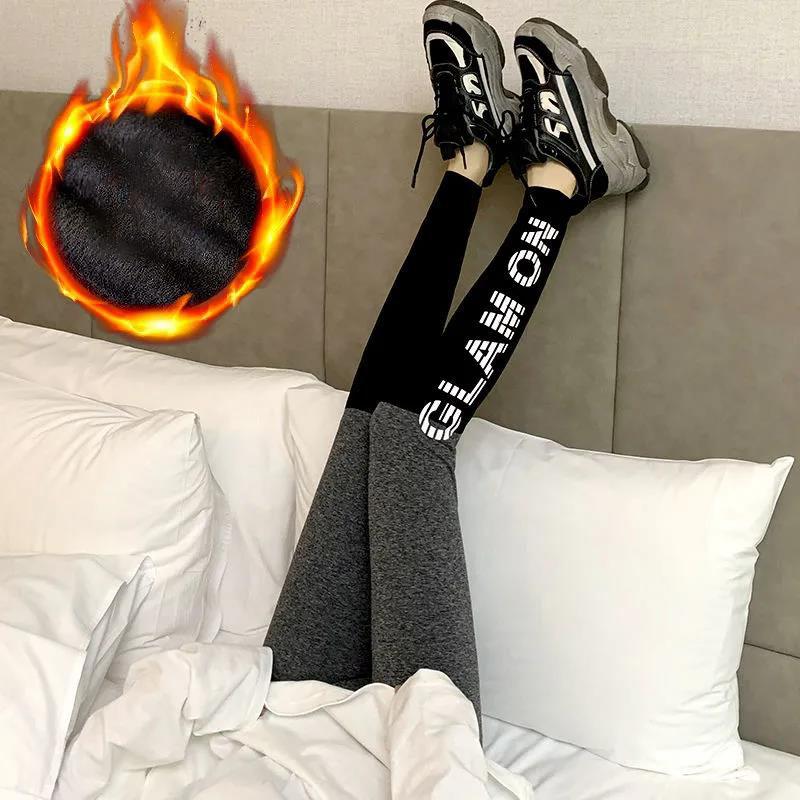 Plus Velvet High Waist Stitching Contrast Color Leggings Women Wear All-match Thin Elastic Feet Pants