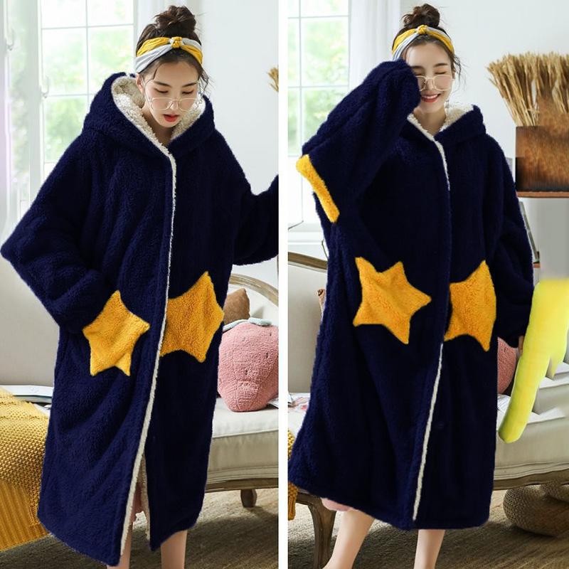 Pajamas Women Autumn and Winter Coral Fleece Stars Long Style Can Be Worn Outside Flannel Plus Size Nightgown Women Winter Night Skirt Home Service