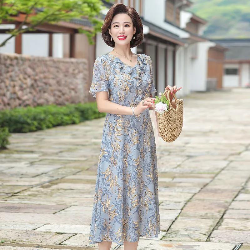 Women's Elegant Loose Dress V-neck Floral Decorative Fabric Lightweight and Breathable A-line Version Mid-length Women's Dress Loose and Comfortable