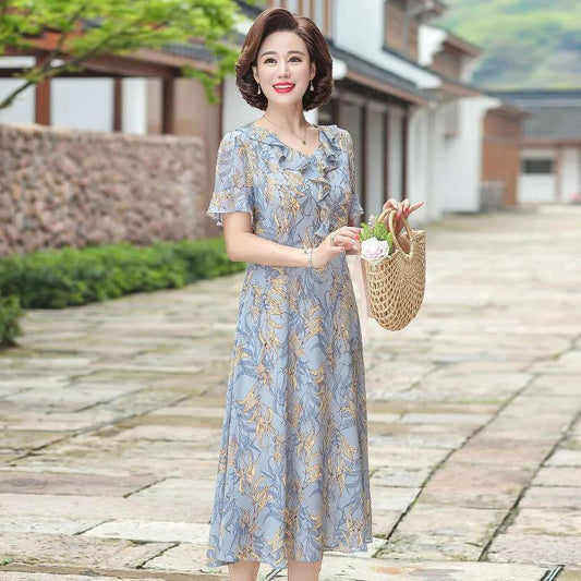Women's Elegant Loose Dress V-neck Floral Decorative Fabric Lightweight and Breathable A-line Version Mid-length Women's Dress Loose and Comfortable