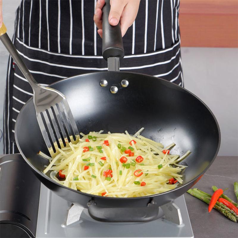 Real Stainless Cast Iron Wok Old-fashioned Iron Wok Uncoated Household Pig Iron Wok Pan Flat Bottom Gas Induction Cooker Universal
