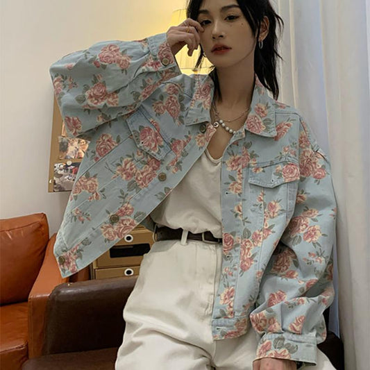 Denim Short Jacket Female Jacket Spring and Autumn New Style Korean Loose Long-sleeved Casual Rose Print Baseball Uniform