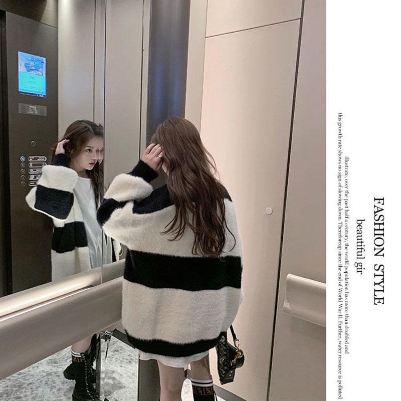 Autumn and Winter Fashion Sweater Loose Casual Striped Jacket Cardigan Knitted Young Women's Top