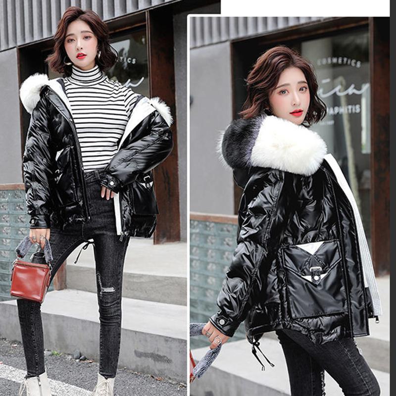 Women's Solid Color Hooded Down Jacket Regular Korean Loose Thick Coat Warm Cotton Coat Large Leather Collar Winter Coat Quilted Coat