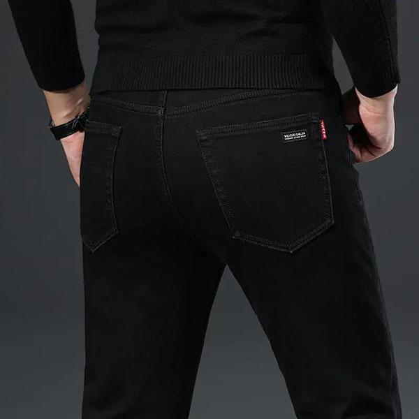 Men's Autumn and Winter Fleece Padded Black Trousers Large Size Straight Elastic Black Jeans for Business Men