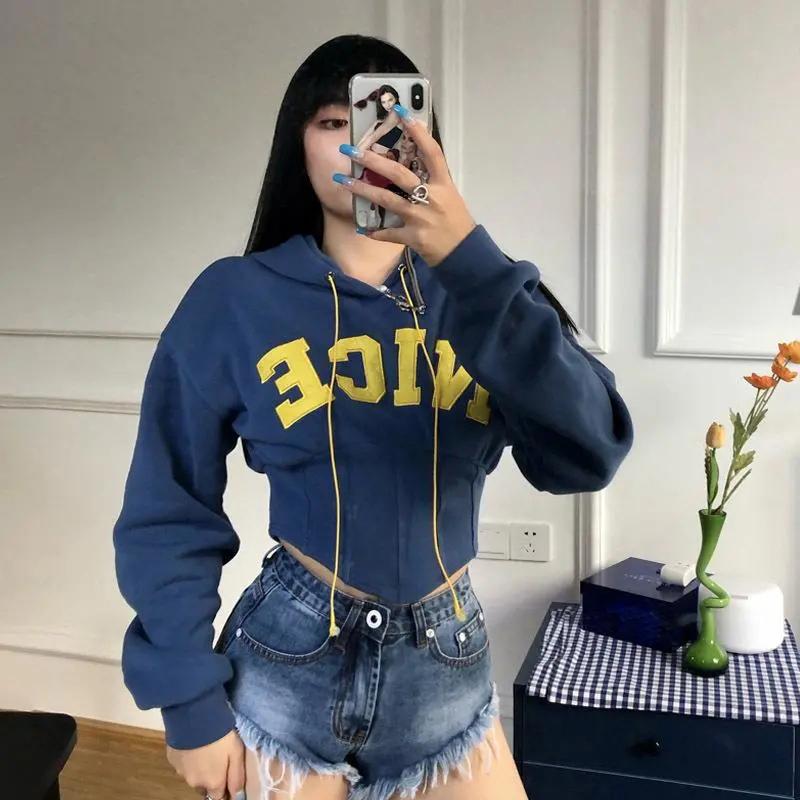 Sweatshirts Women Hoodies Cropped Fashion Bodycon Waistline Loose Pullover Hooded Short Sweatshirts Letter Embroidery Autumn Winter Women Top Clothes