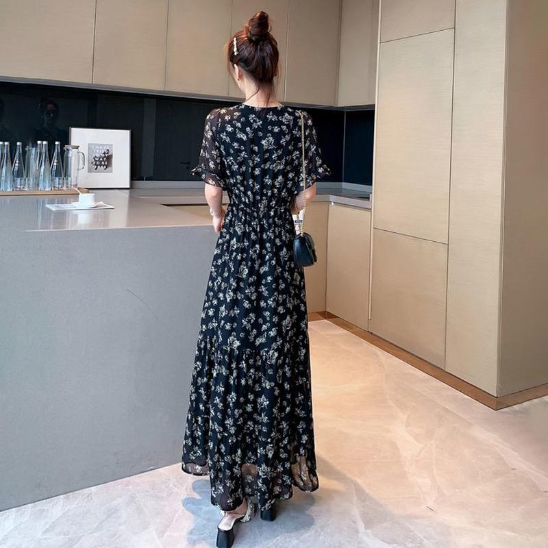 Chiffon Floral V-neck Dress Long Dress French Bellflower Ankle Long Dress Was Thin and Large Size Long Dress Ladies Chiffon Dress