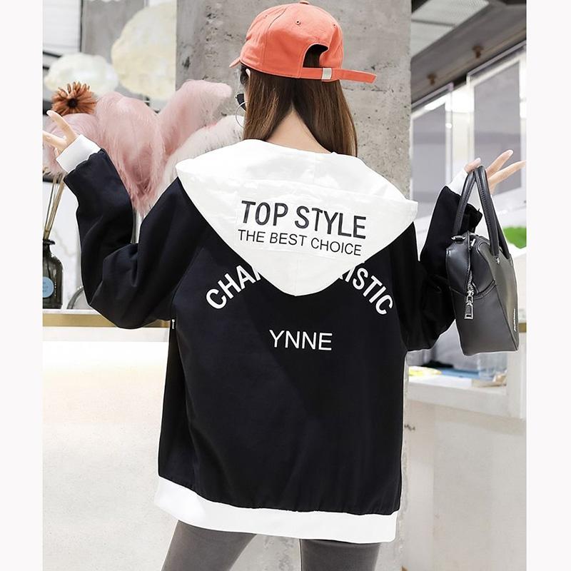 Spring and Autumn Short Hooded Jacket Womens' Letter Printed Double Lining Loose Thin Jacket Cardigan Top Double Layer Lining