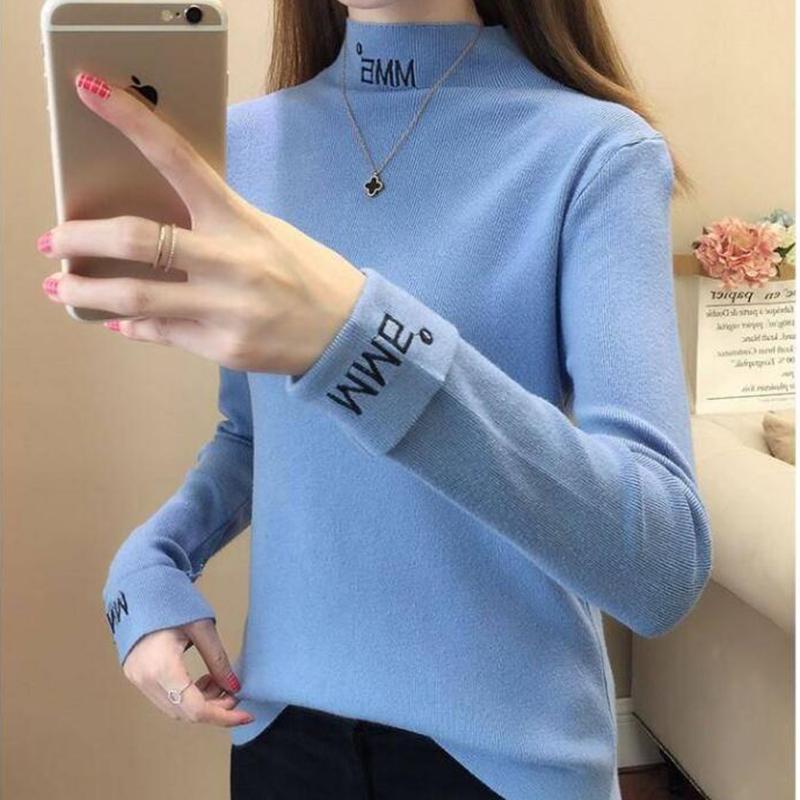 Pofulove Women Letter embroidered turtleneck sweater winter warm pullover knit bottoming jumper