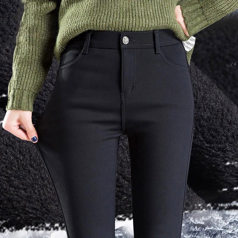 Plus Fleece Leggings Women's Plus Size Outer Wear Autumn and Winter High Waist Thin Black Pants Pencil Feet Solid Color Warm Pants