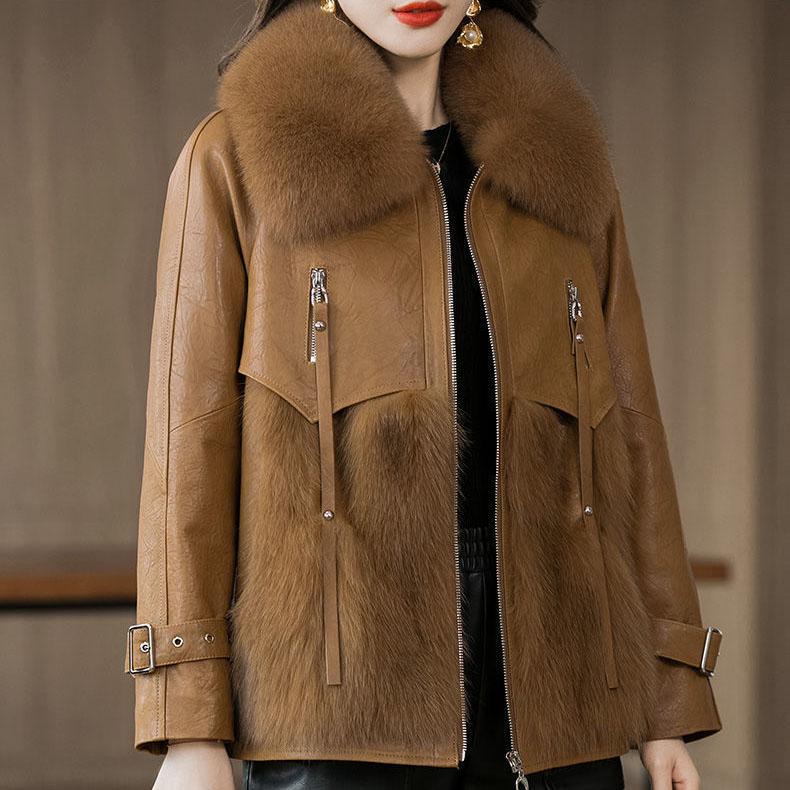 Women's Winter Large Size Fur Coat Female Solid Color Long Sleeve Fox Fur Leather Jackets