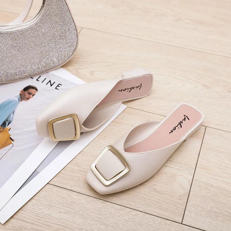 Slippers Sandals Women's Outer Wear Baotou Half Slippers Non-slip All-match Sandals and Slippers Square Head Thick Heel Sandals