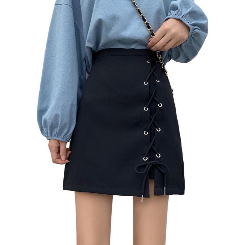 Women's Sexy Short Cross Straps Solid Zipper Split Mini Skirt Mid Waist A-line Pencil Skirts