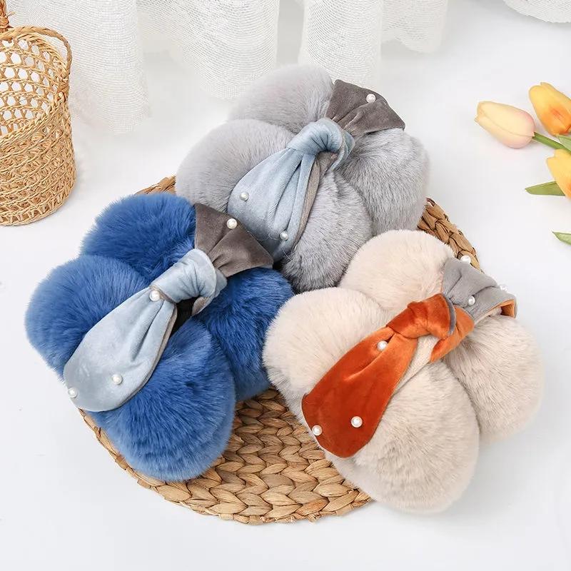 Women's Winter Foldable Earmuffs Pearl Bow Ear Muffs Warm Female Earmuffs Korean Style Two-color Stitching Earwarmers Plush Ear Warmer Pad
