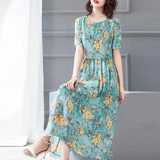 Women's Summer Dress Print Round Neck Skirt Women's Plus Size Midi Skirt