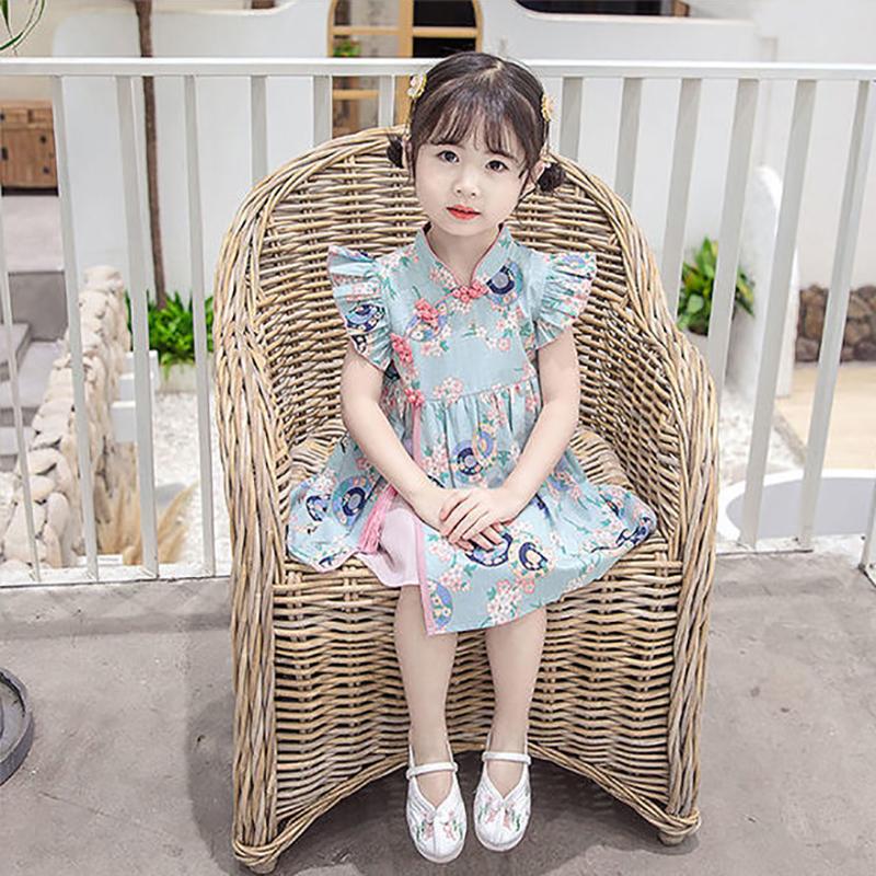 Girls Cheongsam Skirt Summer Dress Baby Girl Summer Style Hanfu Tang Suit Children Foreign Style Flying Sleeve Dress