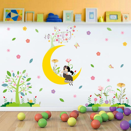 Cartoon moon girl green tree colorful wall stickers bedroom corridor kindergarten classroom stickers