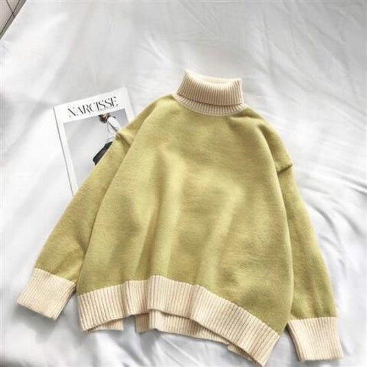 Pofulove High-neck Sweater Women Loose Thickened Pullover Color Matching Autumn Winter Sweater