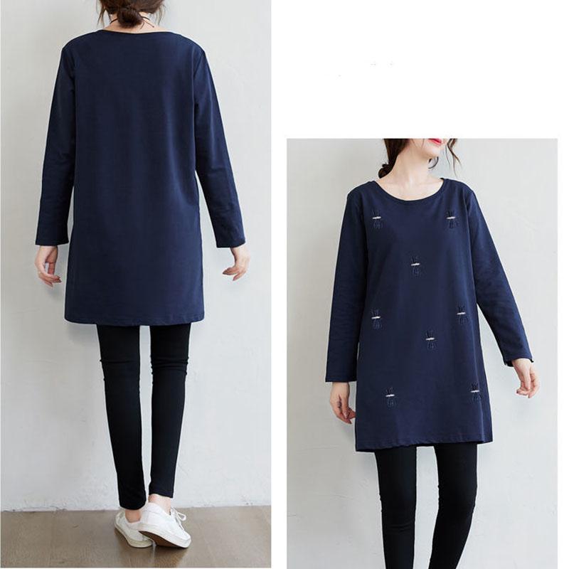 Fashion Women Long Sleeve Embroidered Solid Polyester T-Shirt Autumn  Femininas Basic Tops Loose Chemise Tunic Pullover
