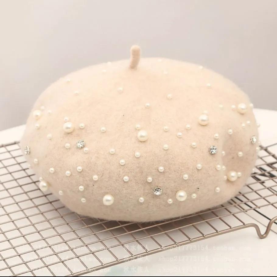 Women's Wool Beret Autumn Casual Pearl Rivet Solid Color Beret