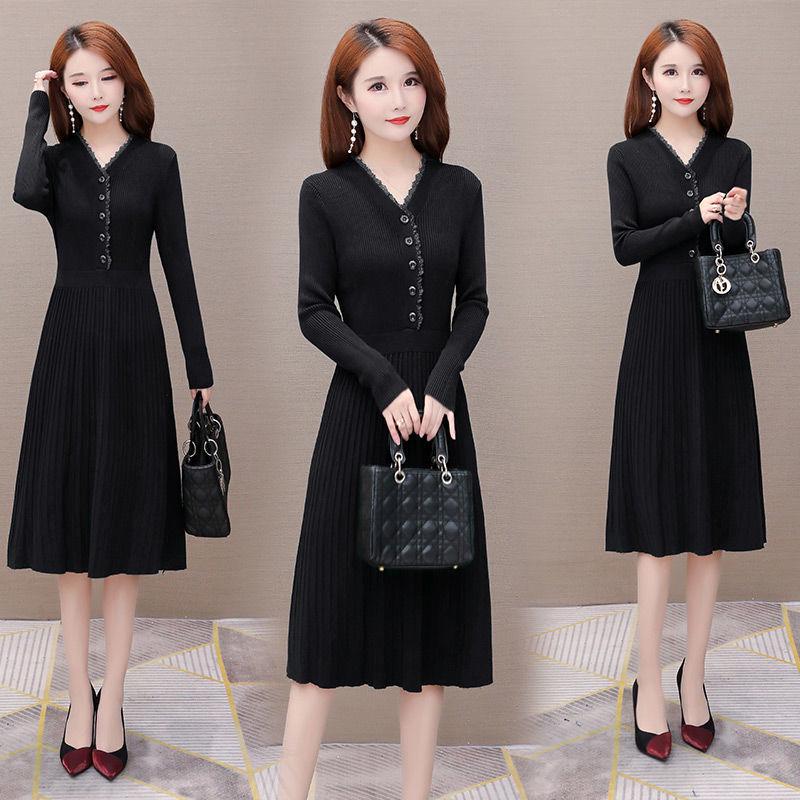 Thicken Warm Autumn and Winter Wool Waist Long-sleeved Bottoming Shirt Mid-length Knitted Dress Women