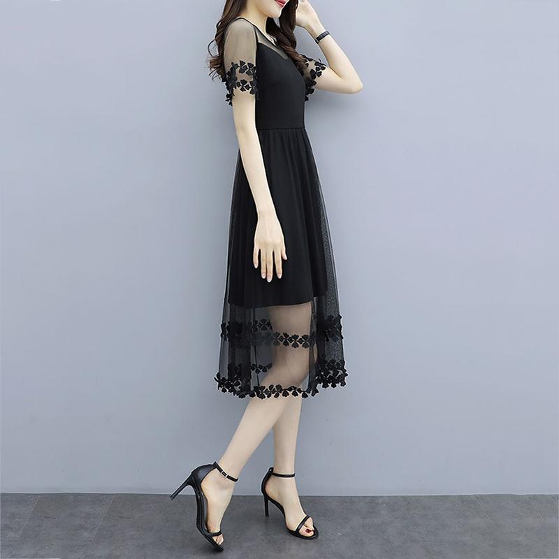 Large Size M-XXXXXL Summer Black Chiffon Stitching Laced Neckline Round Yarn Flower A-line Dress