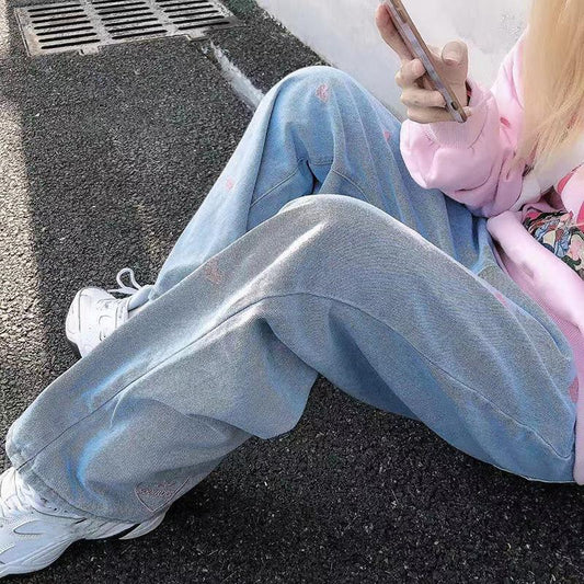 WTEMPO Pink Heart Printed  Jeans Women's High Waist Loose Casual Jeans Straight Super Long Wide Leg Jeans