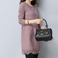 Plus Thick Autumn and Winter Sweater Women Loose and Warm Mid-length Bottoming Shirt Round Neck Knitted Lace Sweater Dress