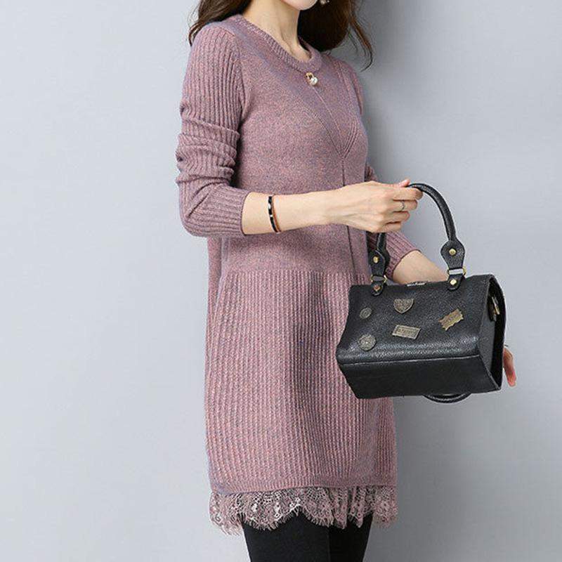 Plus Thick Autumn and Winter Sweater Women Loose and Warm Mid-length Bottoming Shirt Round Neck Knitted Lace Sweater Dress