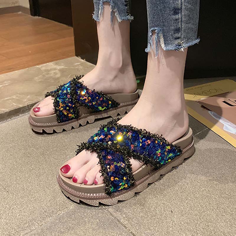 Sandals and Slippers Women's Summer Wear Korean Version of Flat-bottom Non-slip Cross Sequins Sponge Cake Thick-bottom Beach