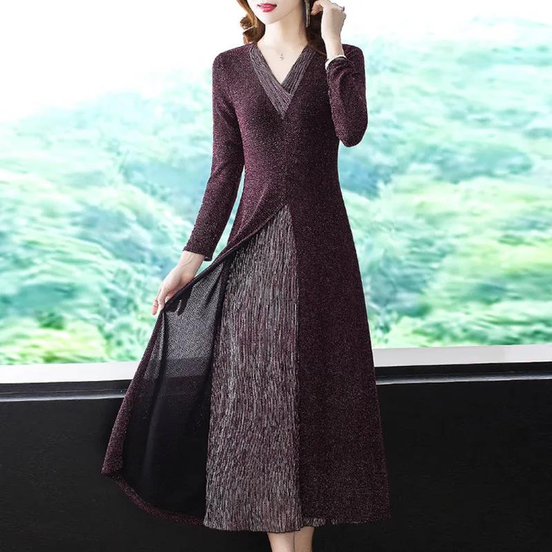 Dress Temperament High-end Fake Two-piece Slim Waist and Thin Spring Long-sleeved Slit Long Dress Women's Clothing