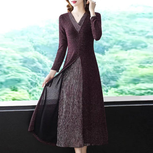 Dress Temperament High-end Fake Two-piece Slim Waist and Thin Spring Long-sleeved Slit Long Dress Women's Clothing