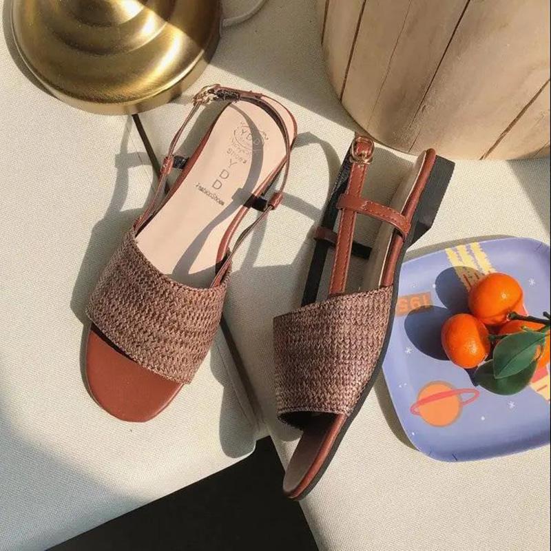 Flat Sandals Women's Summer Korean Fashion Straw Braided Buckle Open Toe Sandals All-match Student Sandals