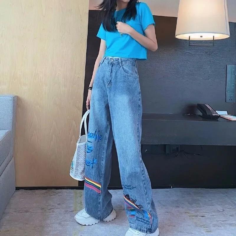 Rainbow Graffiti Spray Paint Jeans Female Korean Version Loose Retro Ins Super Casual Dad Pants Wide Leg Trousers Tide