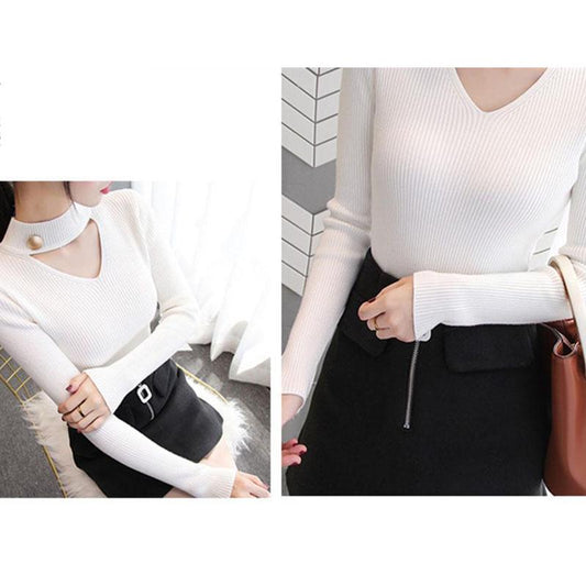 Autumn and Winter Hollow V-neck Sweater Long-sleeved Slim Pullover Bottoming Shirt Fashion Knitted Women's Top