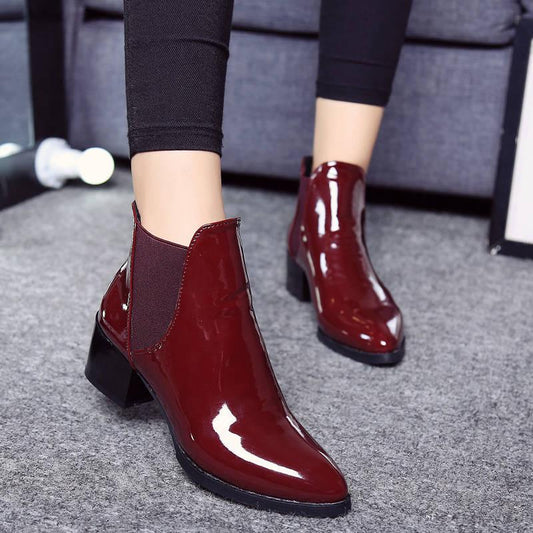 Ankle Boots Women Leather Boots Thick Med Heel Chelsea Boots PU Leathe Zipper Short Shoes Women
