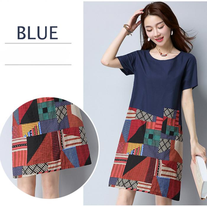Vintage M-XXXL Summer Cotton and Linen Short-sleeved Knee-length Geometric Splicing Dress