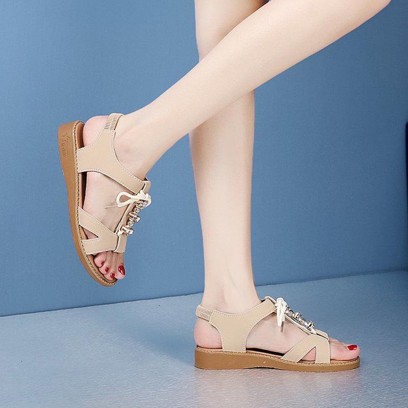Sandals Female Summer Slope with Roman Rhinestone Flat Bottom All-match Beach Student Shoes Ladies Shoes Soft Leather Open Toe Sandals