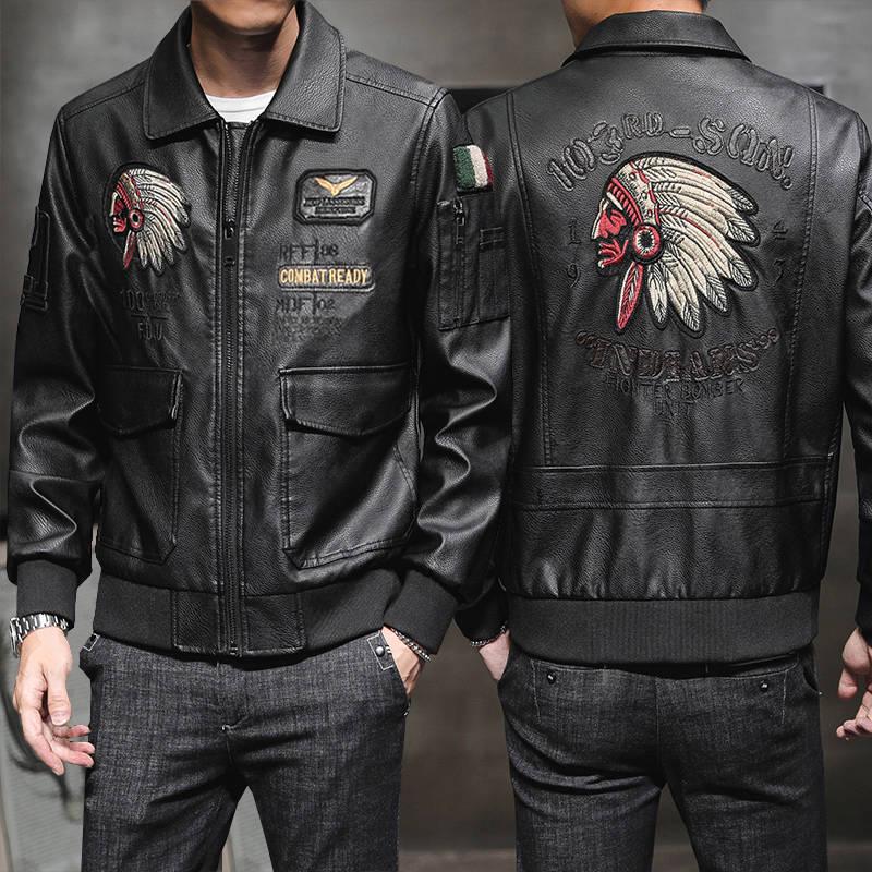 Men's Leather Jackets Embroidery Print Stand Collar Zipper Coat Motorcycle Leather Jacket Mens Coats